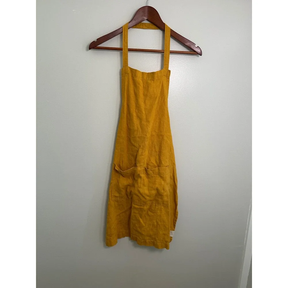 Linen Tales Apron Unisex OS Mustard Yellow EUC 100% Linen Lithuania Pockets